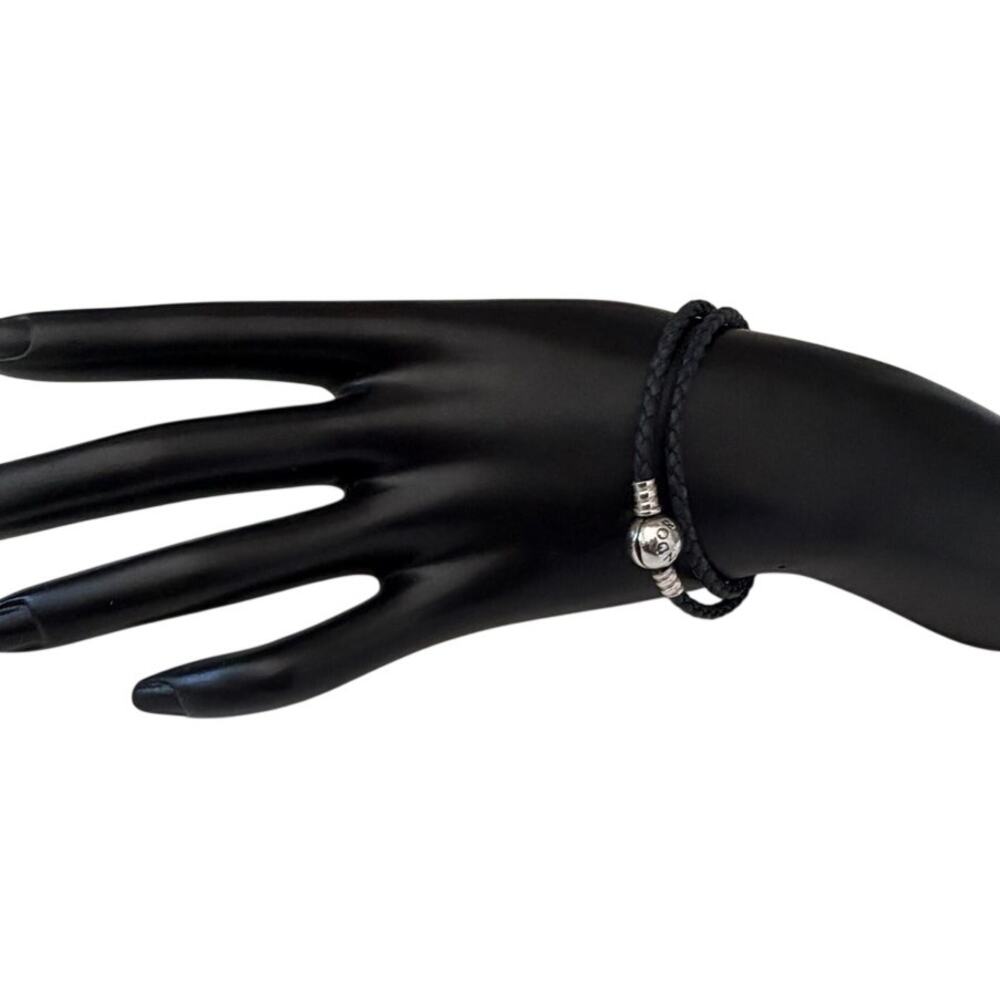 Pandora Moments Double Black Leather and Silver Bracelet, 6"